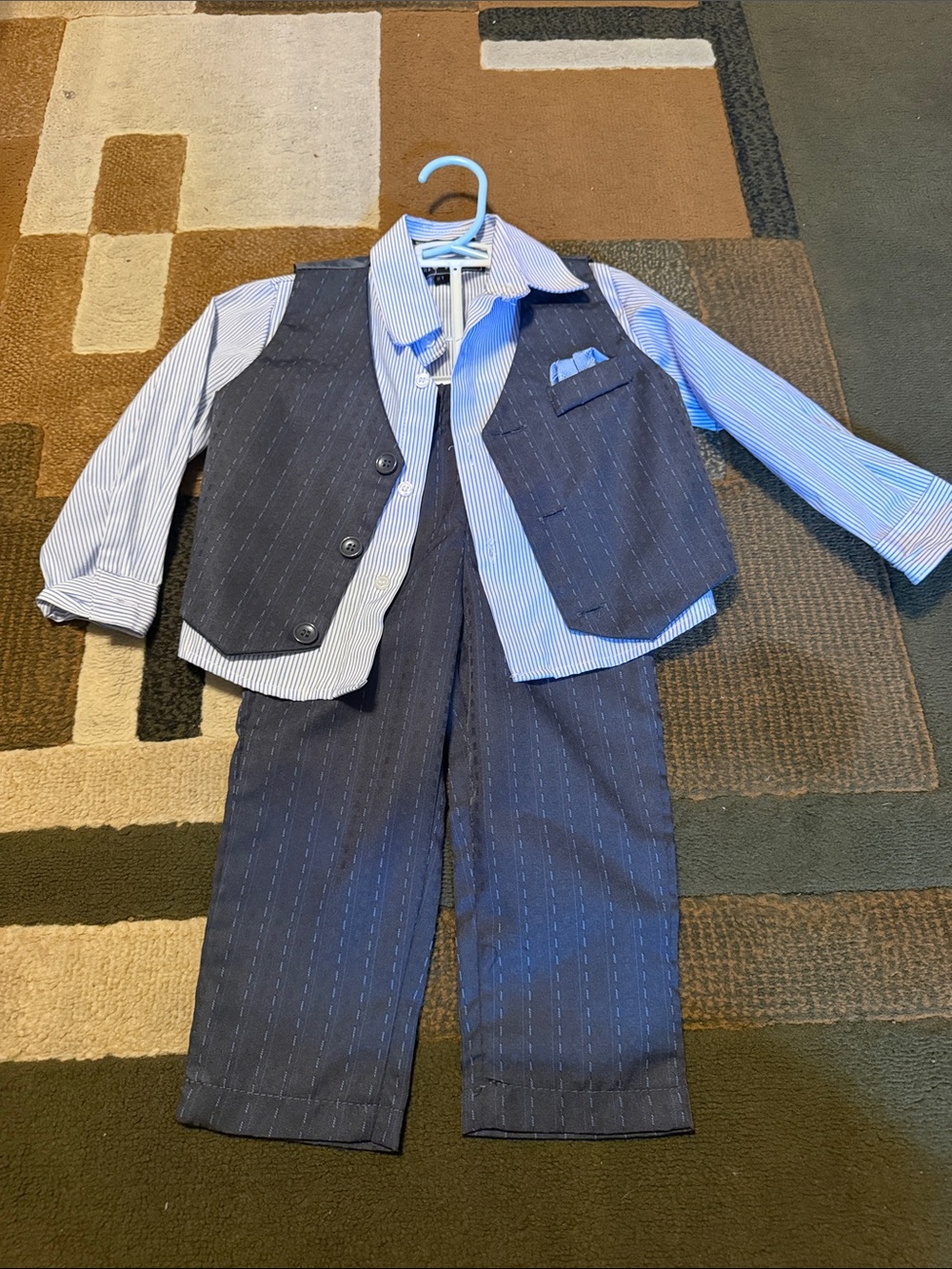 Andrew Fezza Boys Navy Pinstripe Vest Suit Set with Blue Striped Shirt